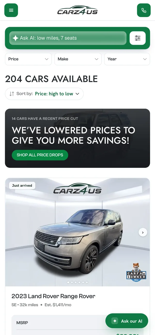 The DealerApex inventory page on a phone