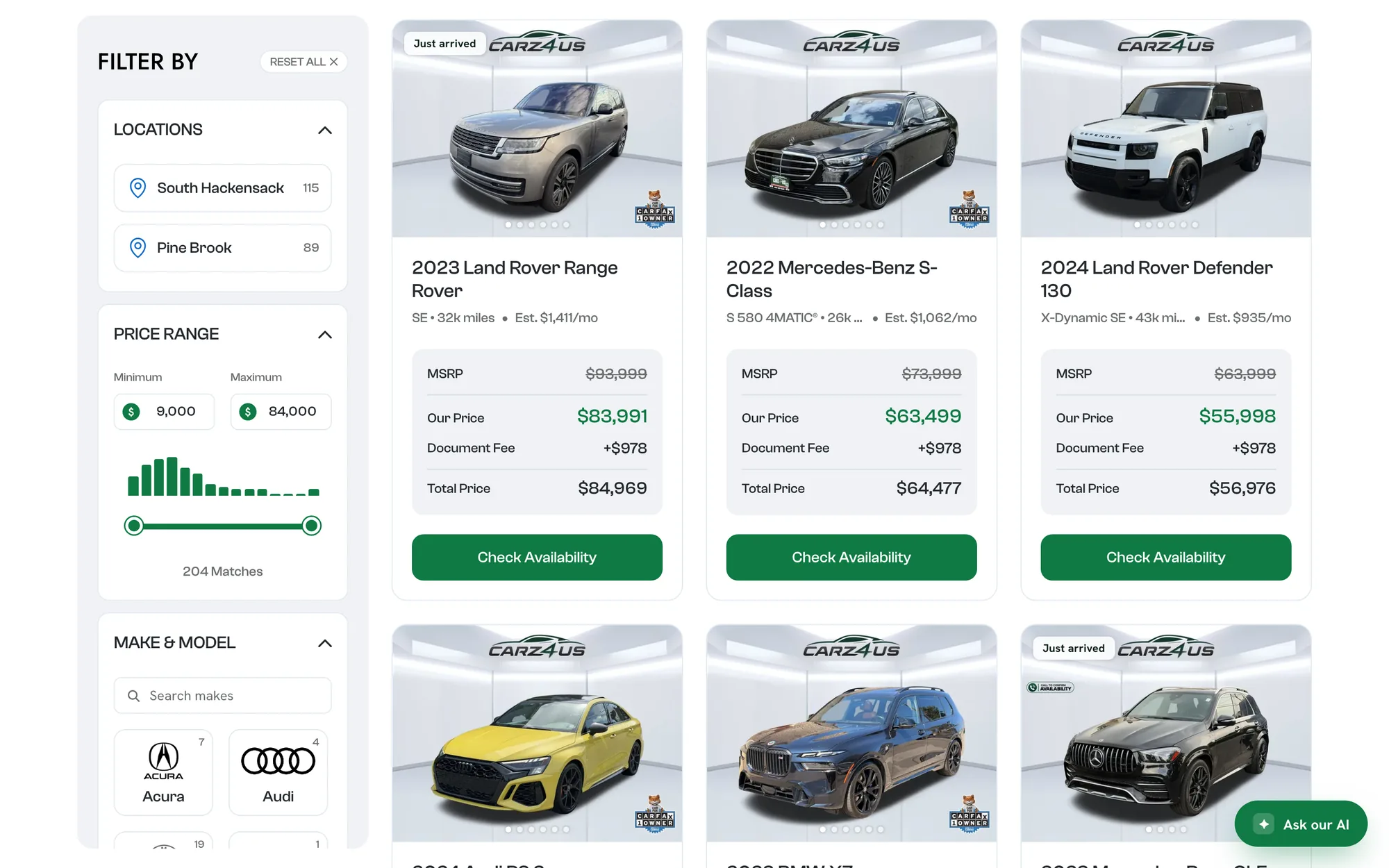 Vehicle result cards on a DealerApex inventory page
