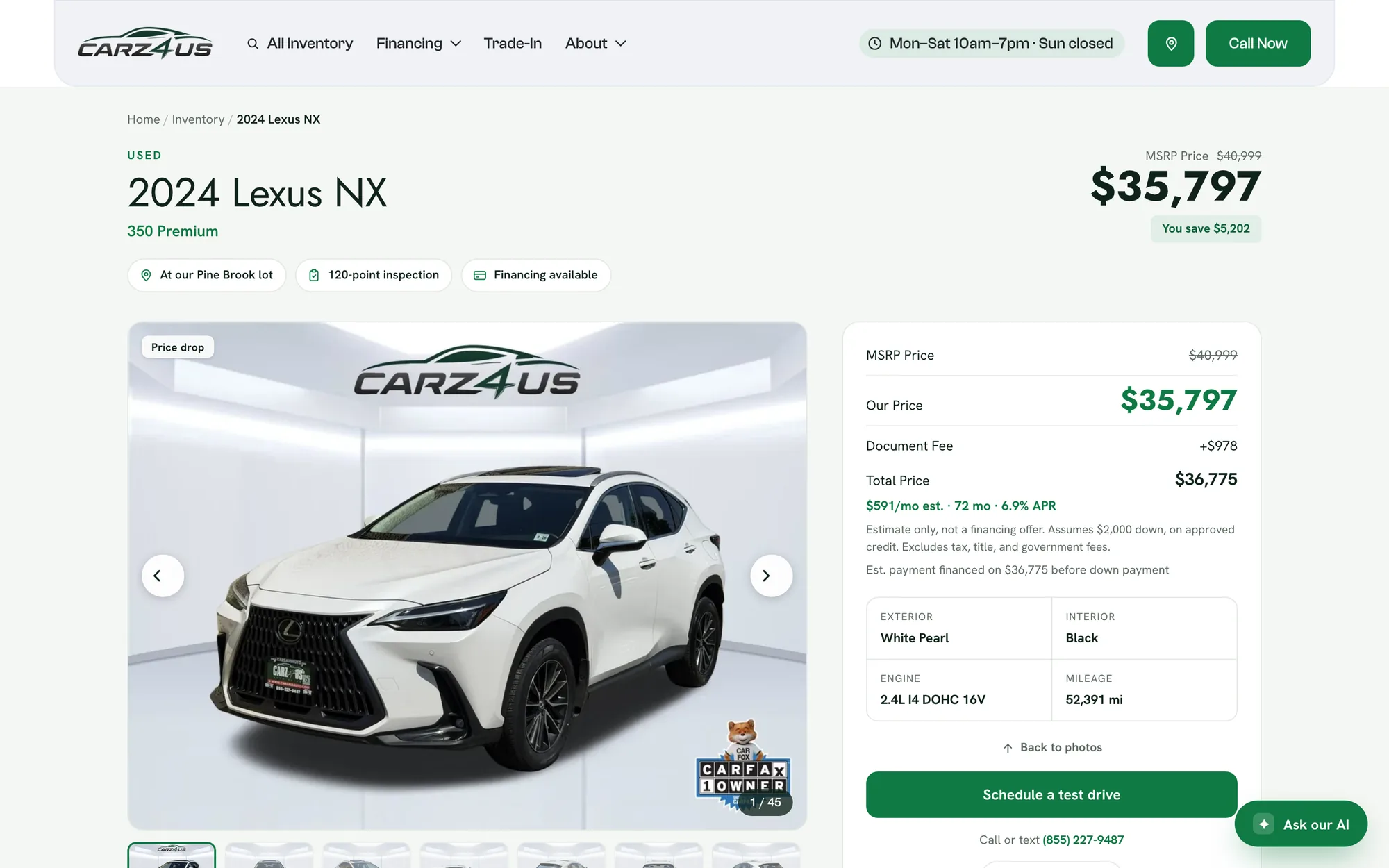 A DealerApex vehicle detail page for a 2024 Lexus NX showing price, savings, specs and a test drive action